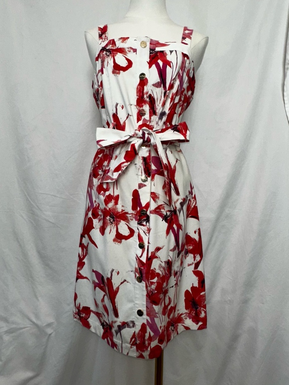 Jus d’Orange Feline Floral Button-Front Sundress with Waist Tie - White & Red